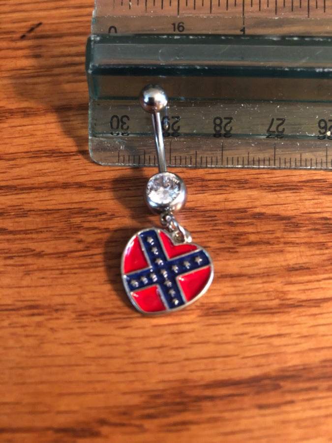 Rebel Heart of Dixie silver navel belly button ring with faux diamond stainless steel body jewelry