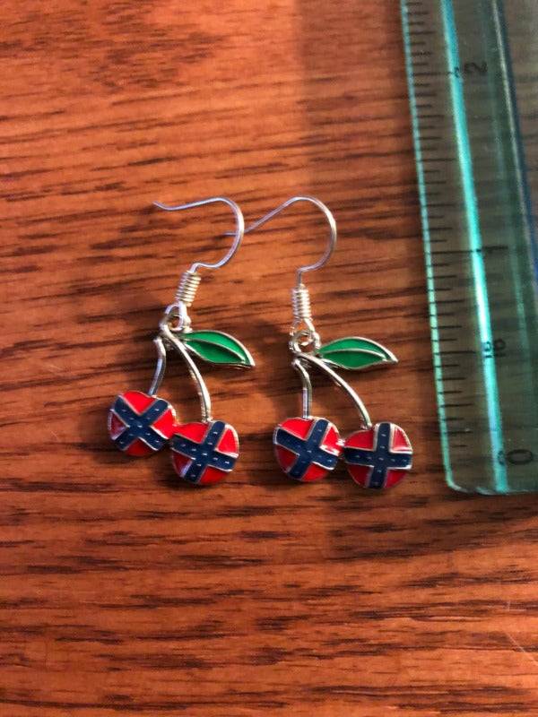 Rebel Cherries Dangle Earrings with Battle Flags on Cherries