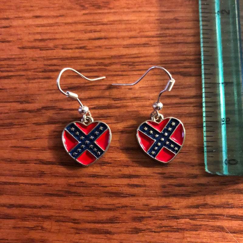 Rebel Heart of Dixie Dangle Earrings with Battle Flag design in stainless steel from Old Resaca Mercantile