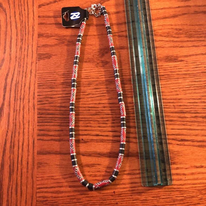 Rebel Necklace with Black Silver and Long Battle Flag Beads next to ruler to show length