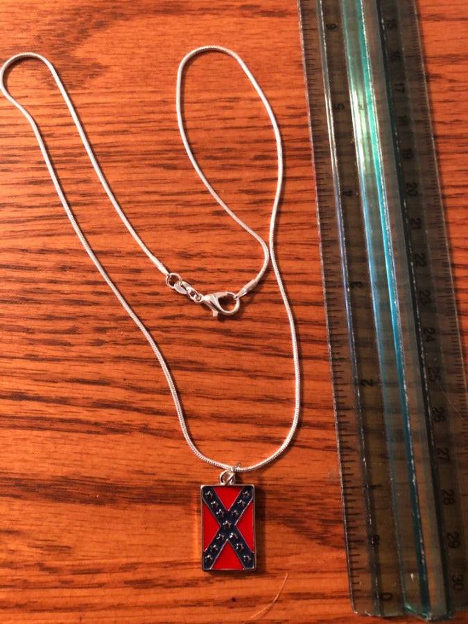 Rebel Battle Flag Pendant Necklace with polished alloy pendant and 16-inch smooth rope chain, featuring lobster clasp and anti-tarnish coating.