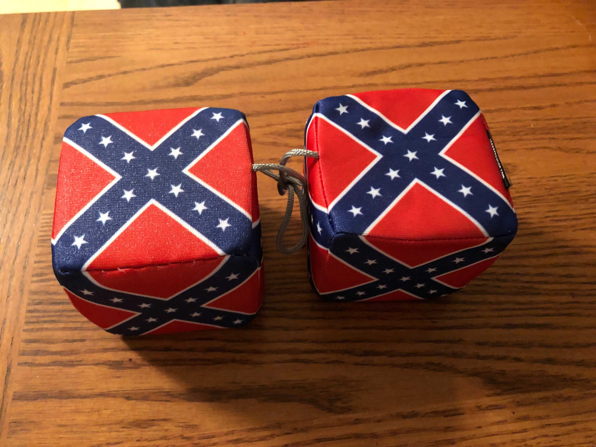 Pair of Rebel Battle Flag Car Dice hanging from a rearview mirror, durable polyester and foam, 3-inch patriotic vehicle accessory