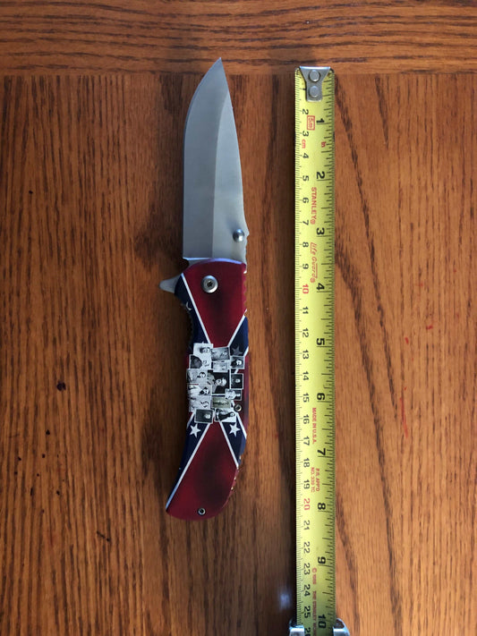Southern Generals on Rebel Battle Flag quick opening stainless steel lock blade knife with back clip