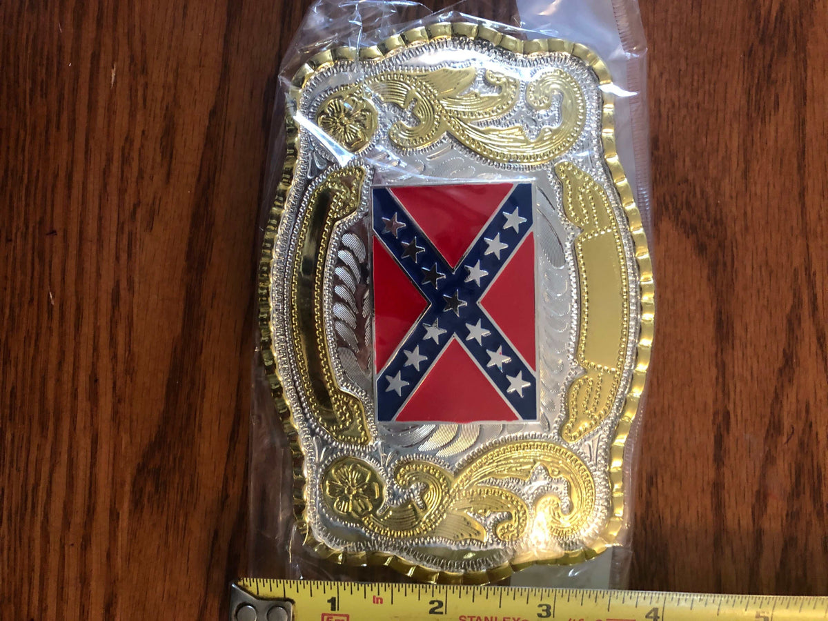 Large Western Battle Flag shiny metal belt buckle with Confederate battle flag design in chrome and gold, 5.5 by 3.75 inches, engravable