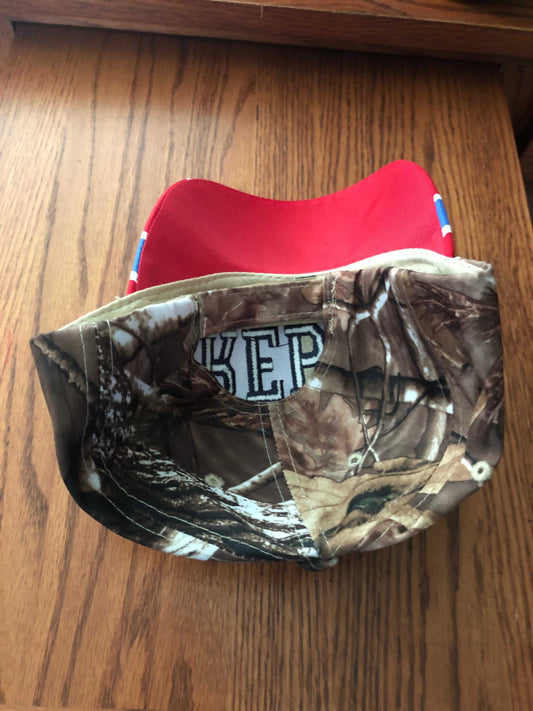 Rebel embroidered camo cap hat with battle flag bill, 100% polyester, velcro closure
