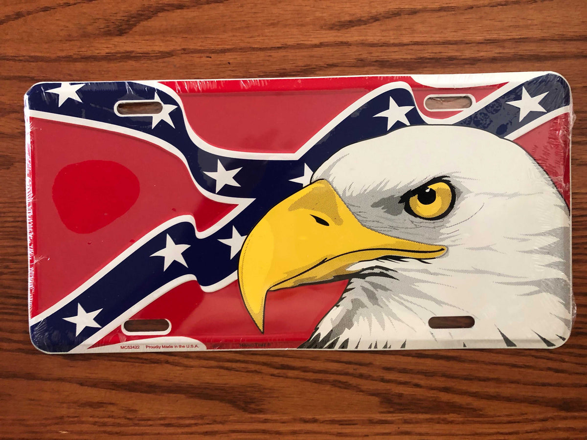 Bald eagle on waving rebel battle flag embossed aluminum license plate tag made in USA
