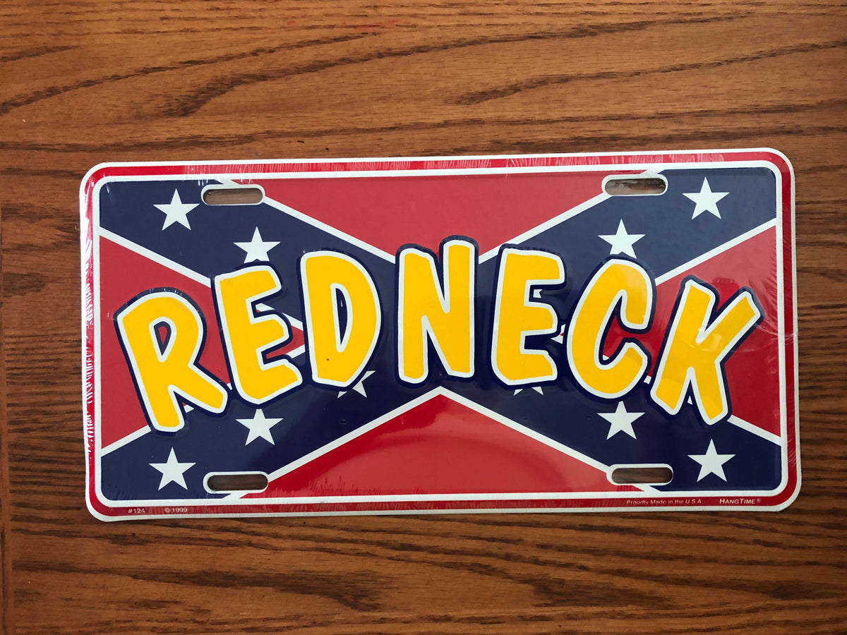 Redneck in yellow letters on rebel battle flag embossed license plate tag made in USA