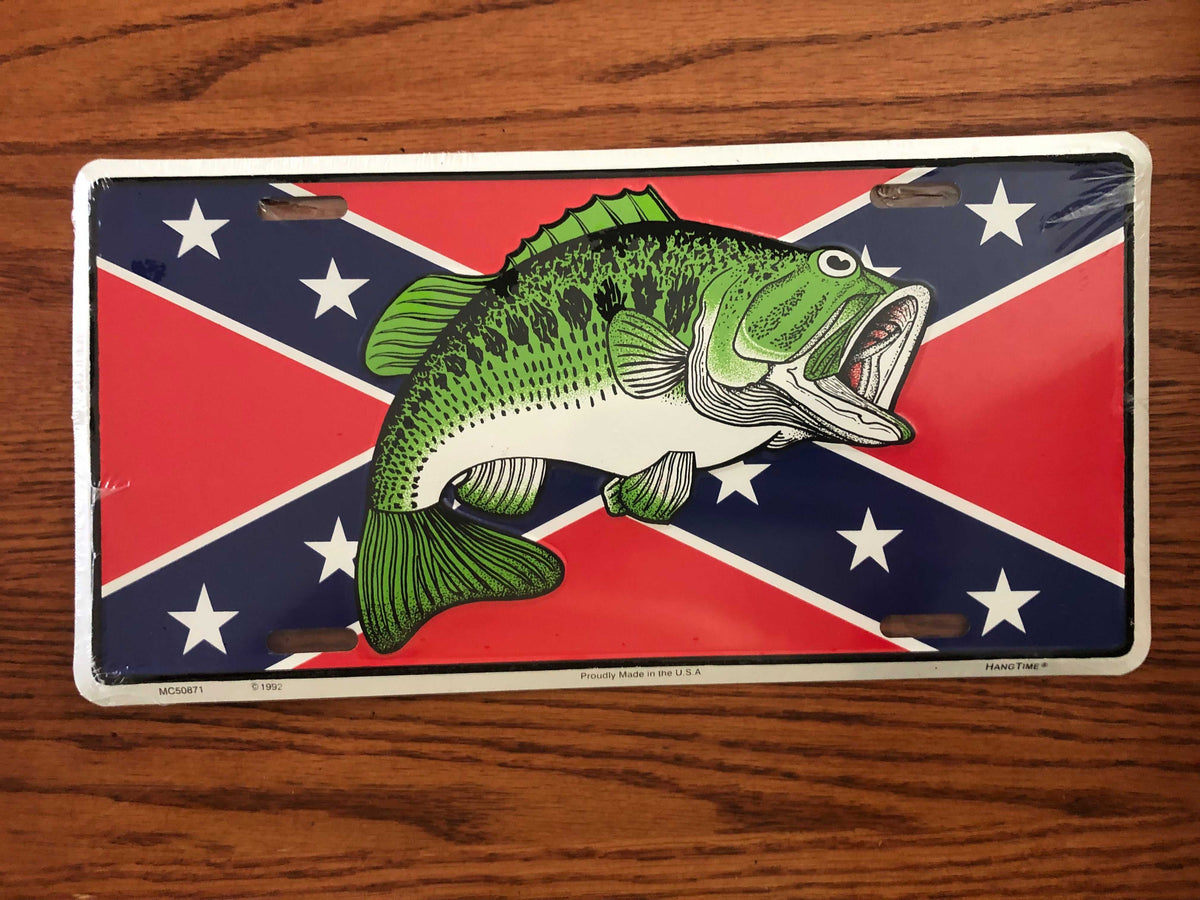 Largemouth Bass on Rebel Battle Flag embossed aluminum license plate tag made in USA wrapped in plastic