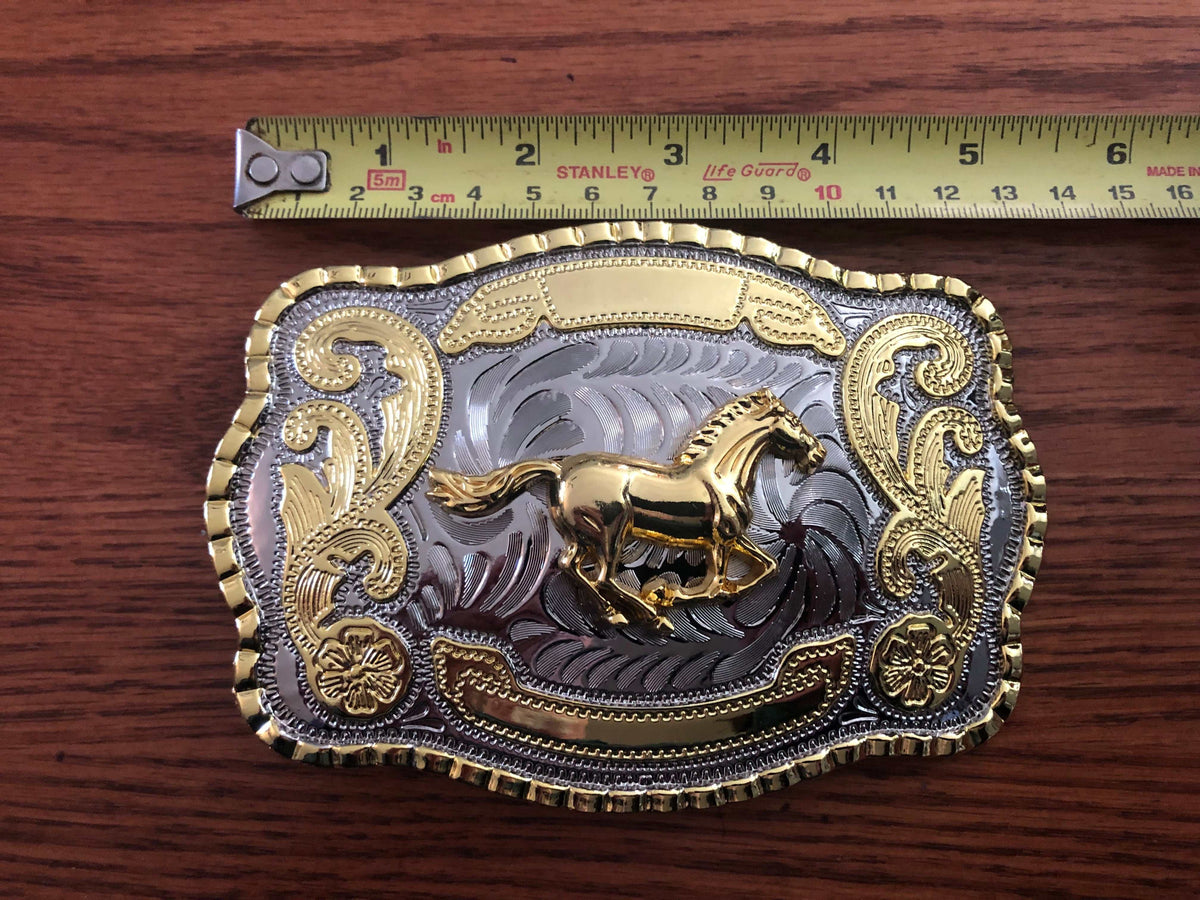 Big Western Horse shiny metal belt buckle with galloping horse design in chrome and gold colors