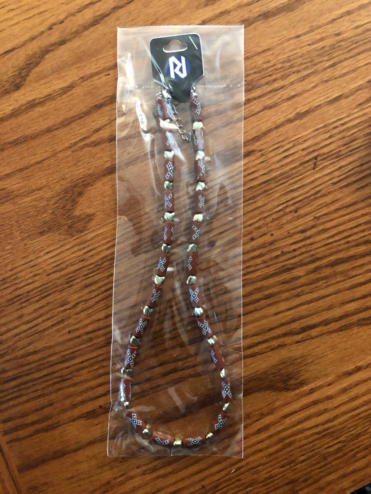 18-inch Rebel Necklace with shiny heart charms and battle flag beads on metal chain