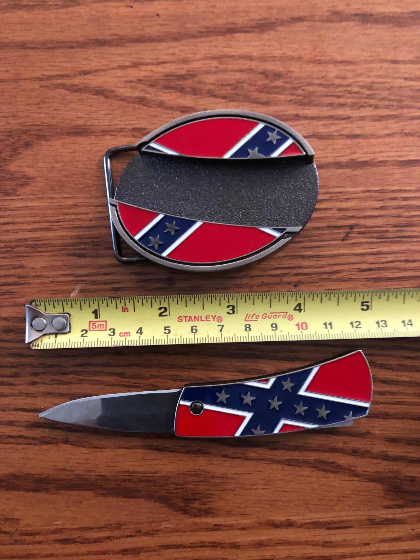 Confederate Rebel Flag Knife Belt Buckle knife removed beside ruler