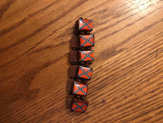 Wooden bracelet with CSA Rebel Battle Flag beads and round spacers on elastic cord