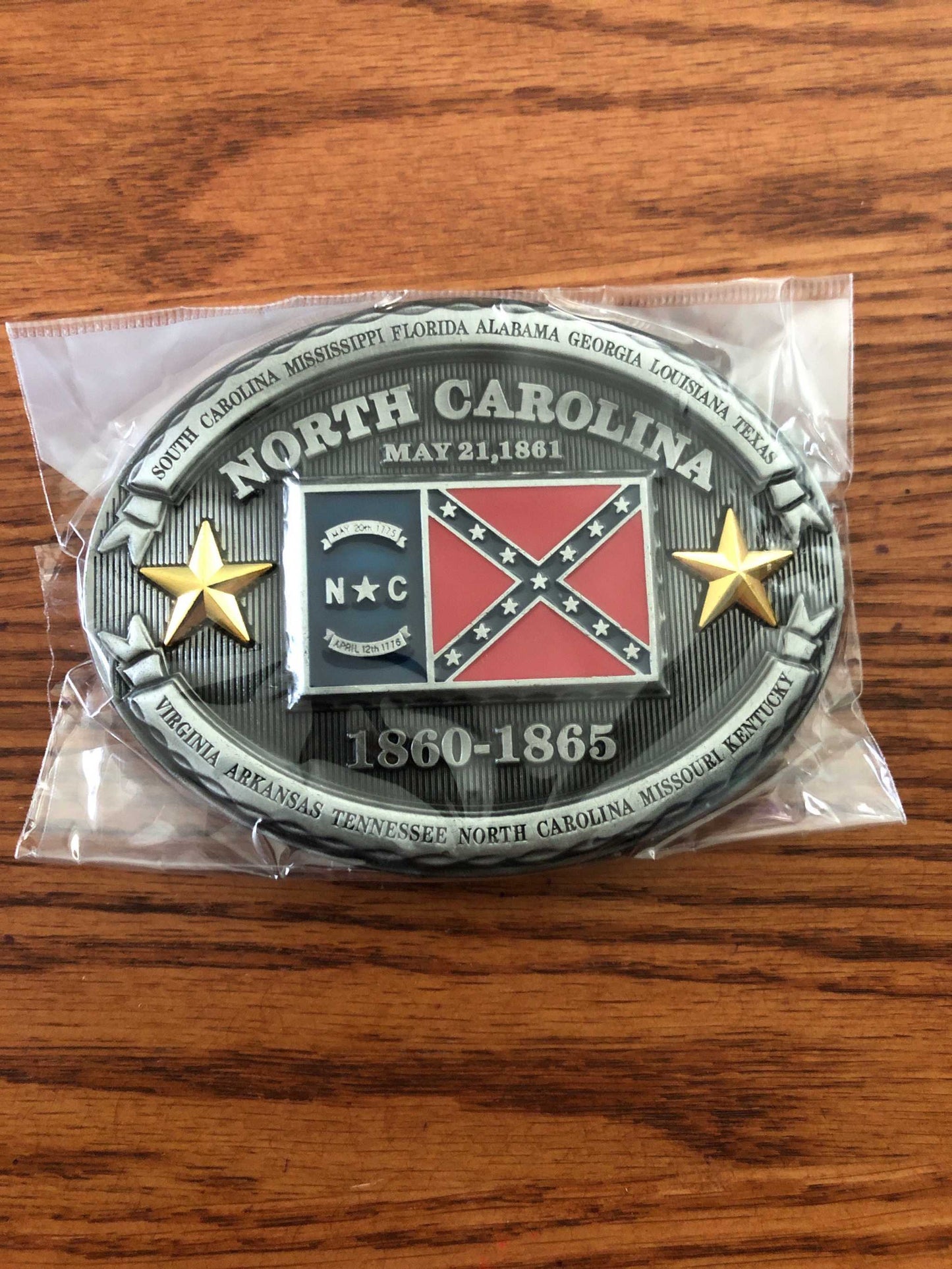 North Carolina Confederate Flag Metal Belt Buckle in package