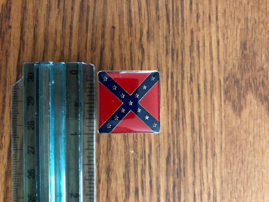 Square CSA Rebel Battle ANV Confederate Flag Pin on hat and lapel displaying Confederate battle flag design