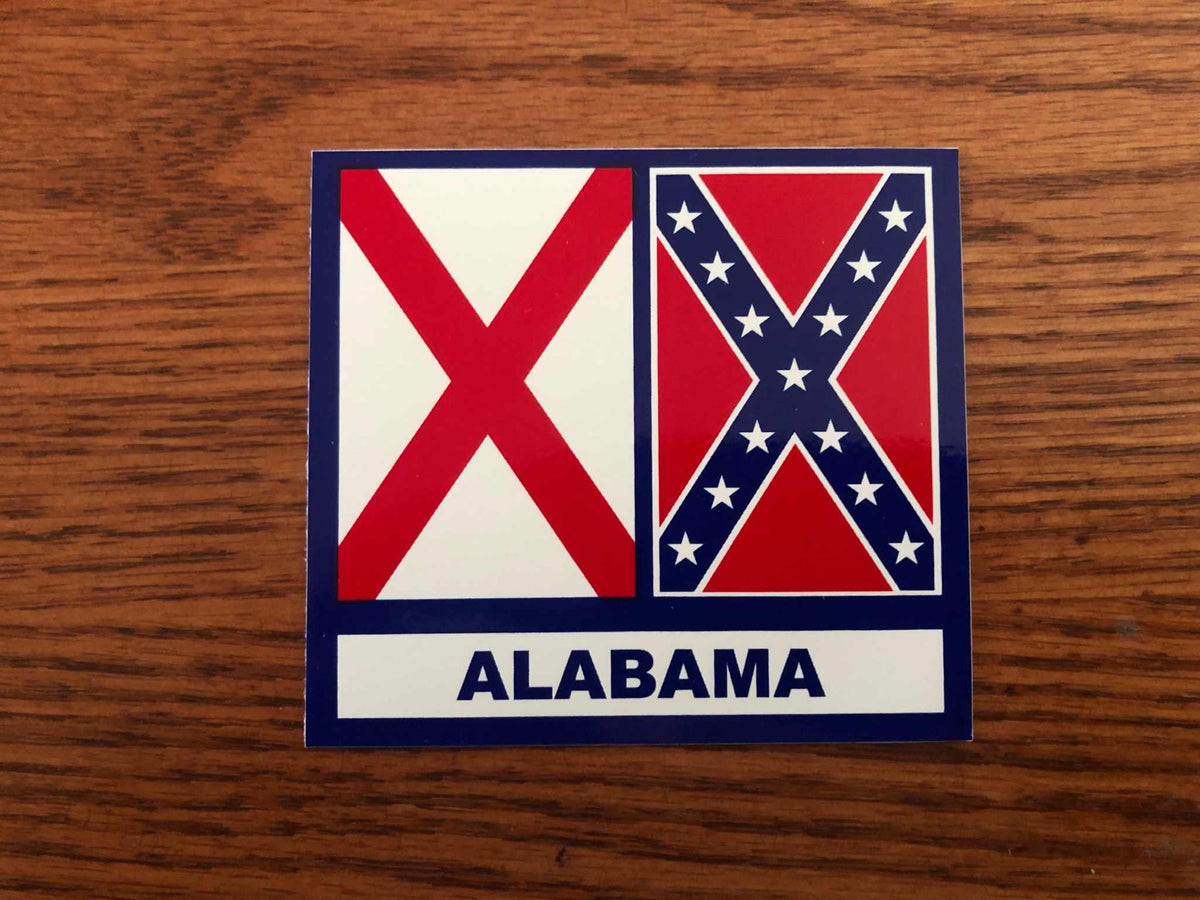 Alabama Flags Decal bumper sticker showing state and Rebel Battle flags, weather-resistant vinyl, 3" x 3.25" size