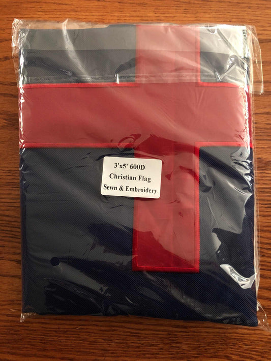 Christian Flag 3x5 feet made of durable 600D nylon with sewn hems and embroidered emblem, featuring brass grommets for outdoor display