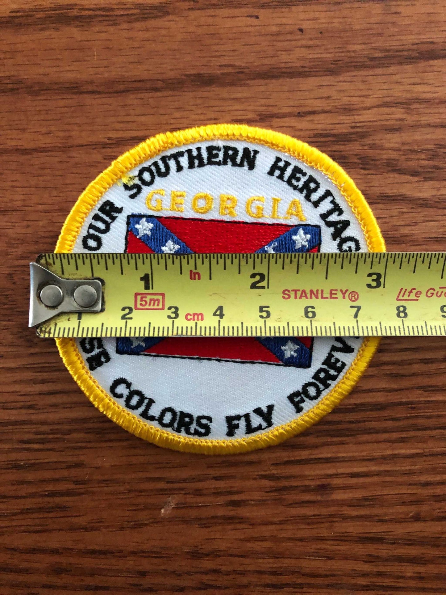 Georgia Heritage Embroidered Patch 3 Inch Diameter with Confederate Battle Flag design, durable and iron-on backing