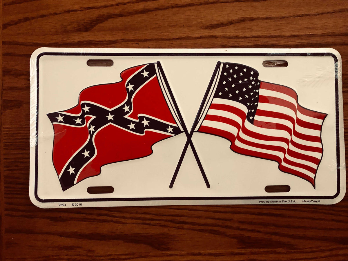 USA-CSA crossed flags embossed aluminum license plate tag made in USA wrapped in plastic