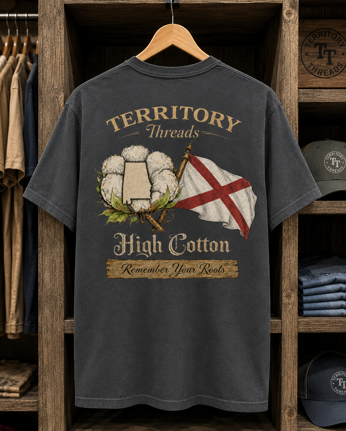 Alabama Flag High Cotton Short Sleeve Premium T-Shirt in Charcoal Gray