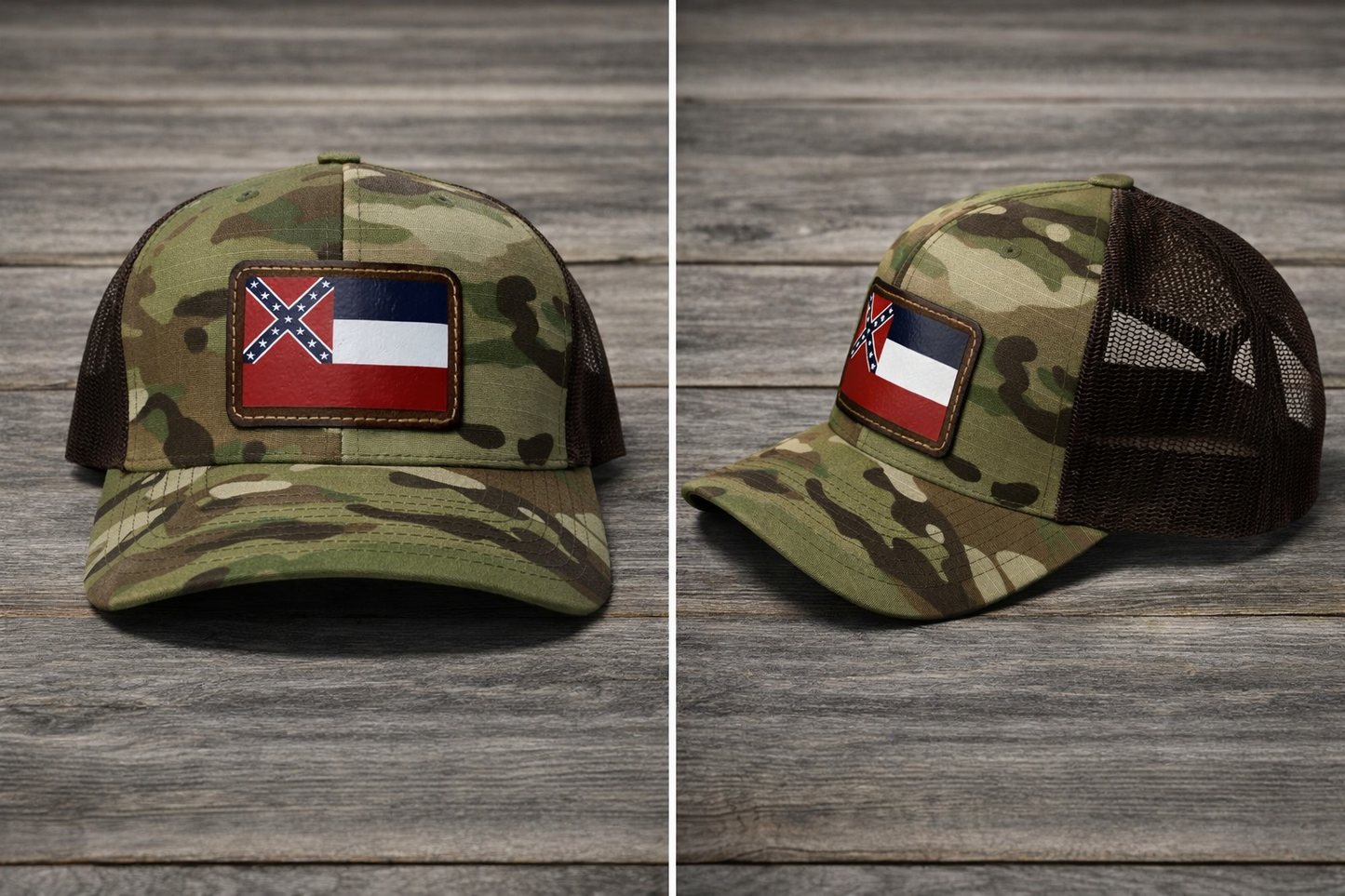 Old Mississippi Flag Leather Patch Camo Green with Brown Mesh Hat Cap