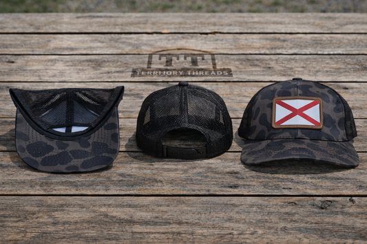 Black Duck Camo Mesh Back Hat Cap with Alabama Flag Leather Patch