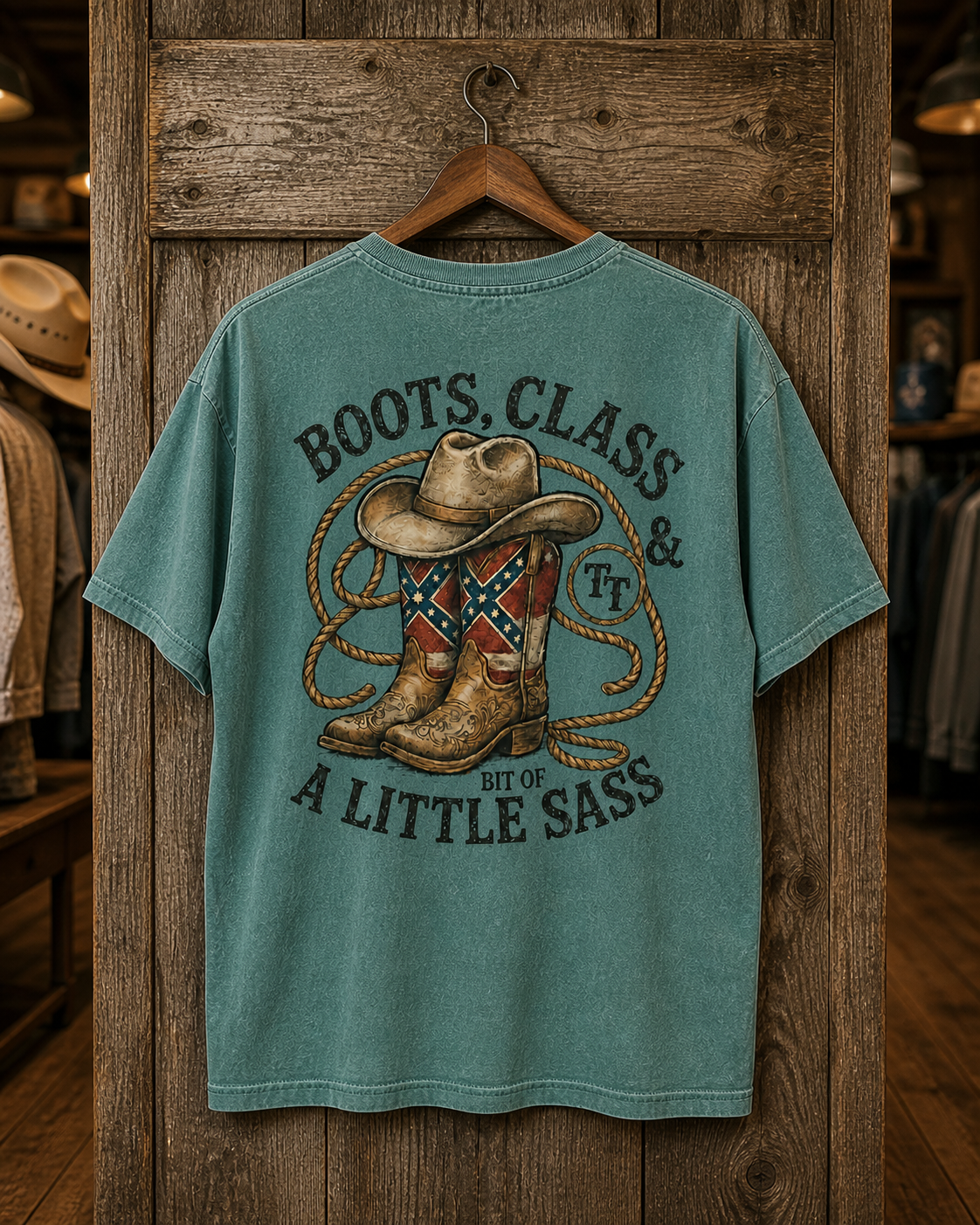 Boots Class and a Little Bit of Sass Boots T-Shirt Faded Moss Teal