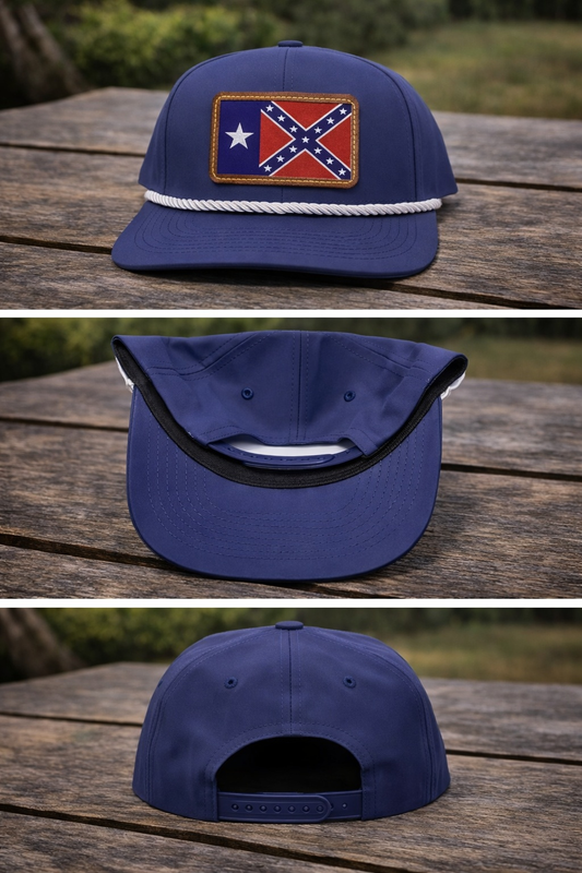Navy Blue Rope Hat with Texas Battle Flag Leather Patch 3 views
