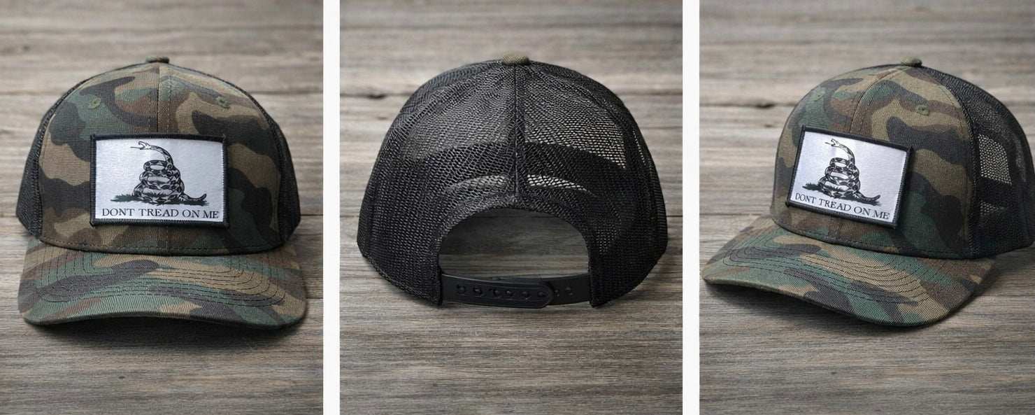 Green Camo with Black Mesh Back Hat Cap with Silver Dont Tread on Me Patch