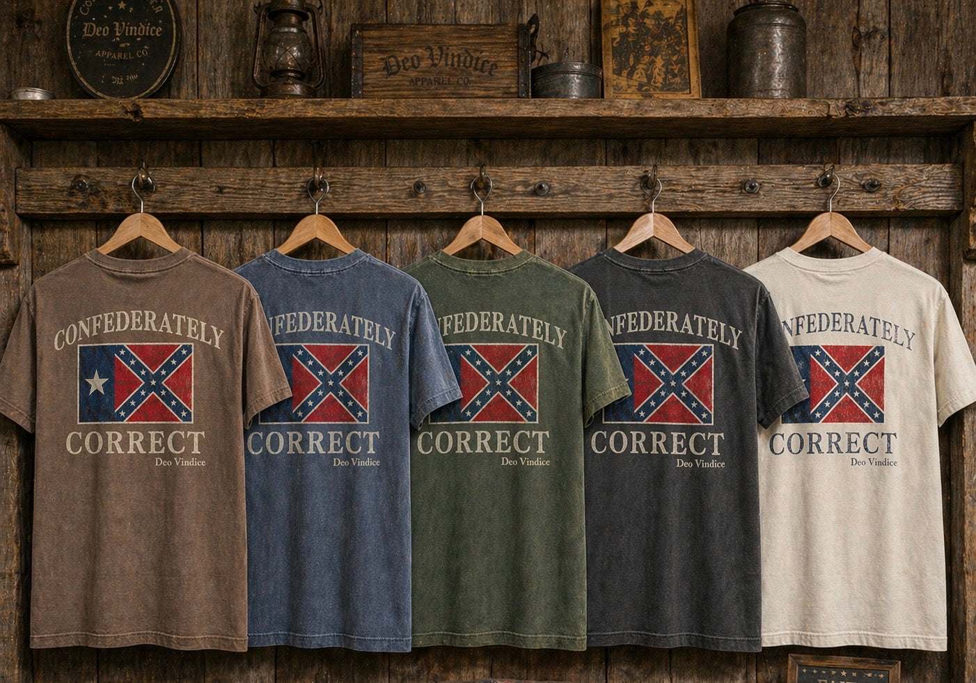 Texas Battle Flag Confederately Correct Short Sleeve T-Shirts hanging on a rack
