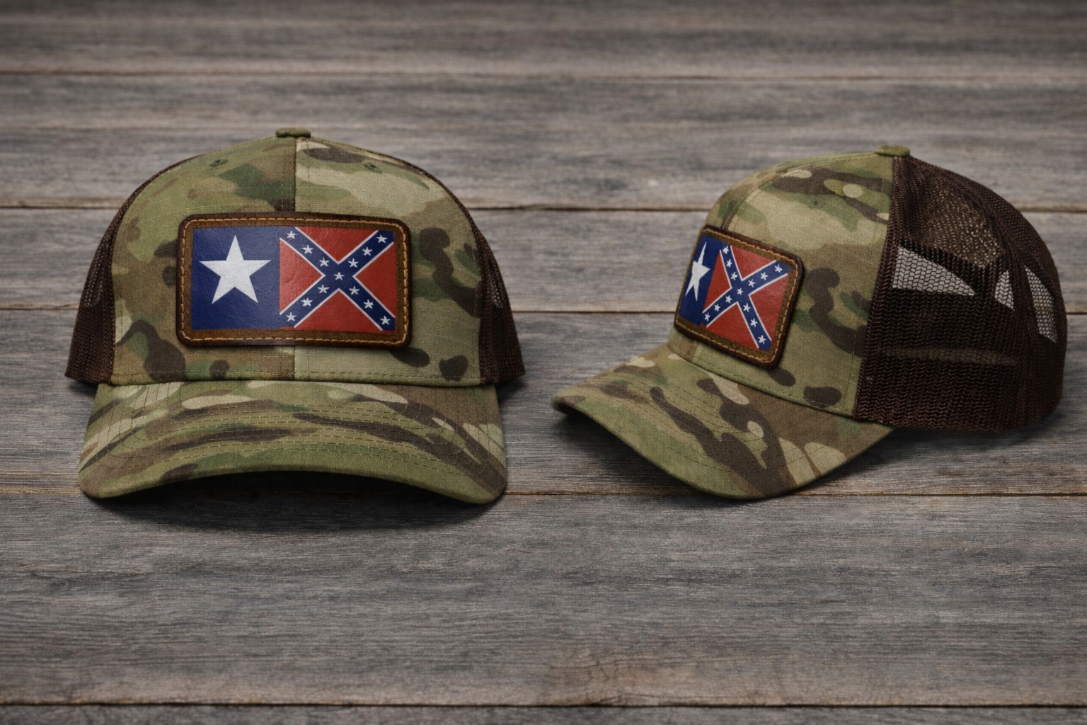 Texas Rebel Battle Flag Leather Patch Camo Green Hat