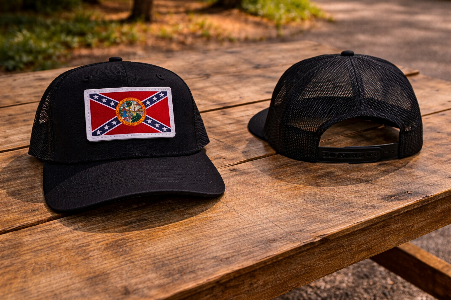 Solid Black Mesh Back Hat Cap with Florida Rebel Flag White Leather Patch