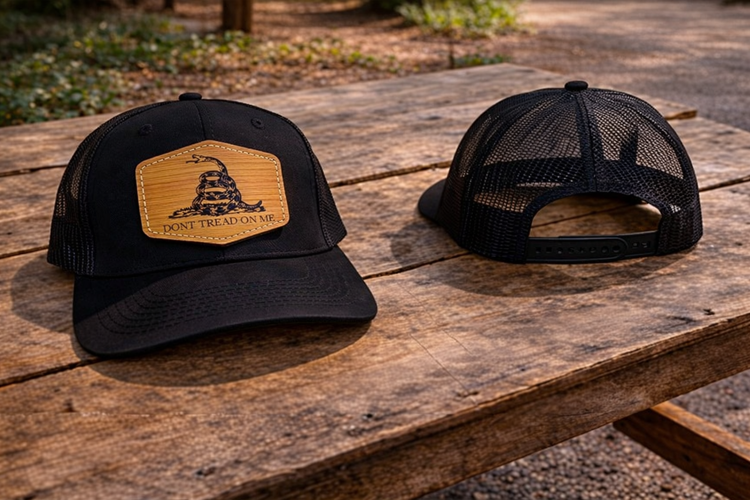 Solid Black Mesh Back Hat Cap with Dont Tread On Me Leather Patch