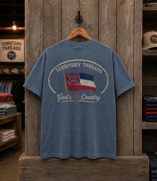 Old Mississippi State Flag Gods Country Design T-Shirt in Faded Denim Blue