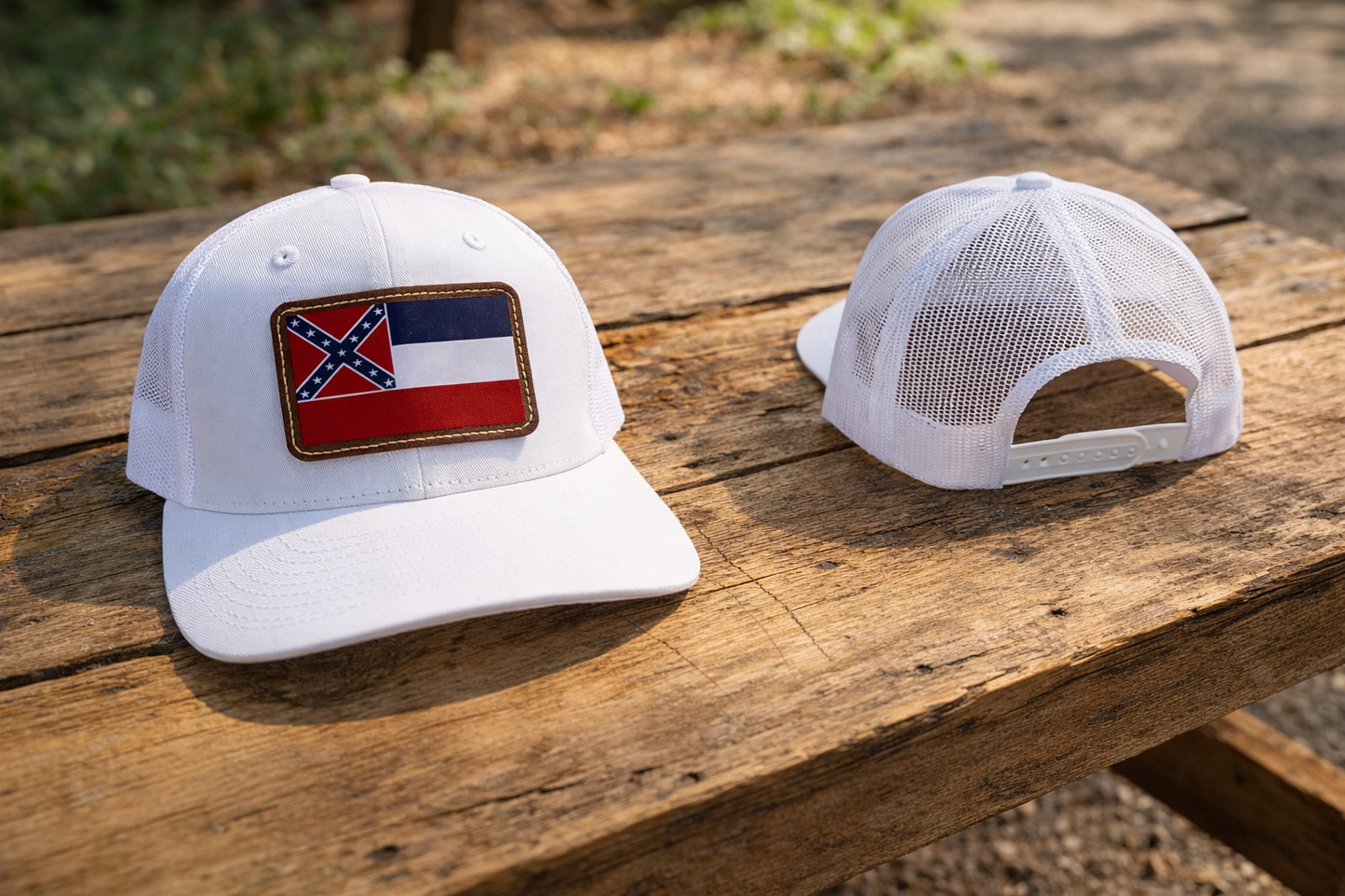 Solid White Mesh Back Hat Cap with Old Mississippi Flag Leather Patch
