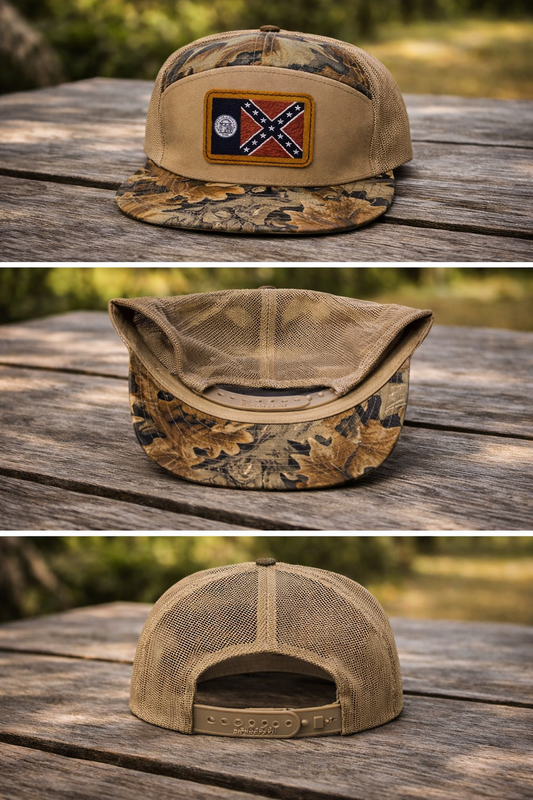 Brown Leaf Camo Hat Cap with 1956 Old Georgia Flag Leather Patch 3 views