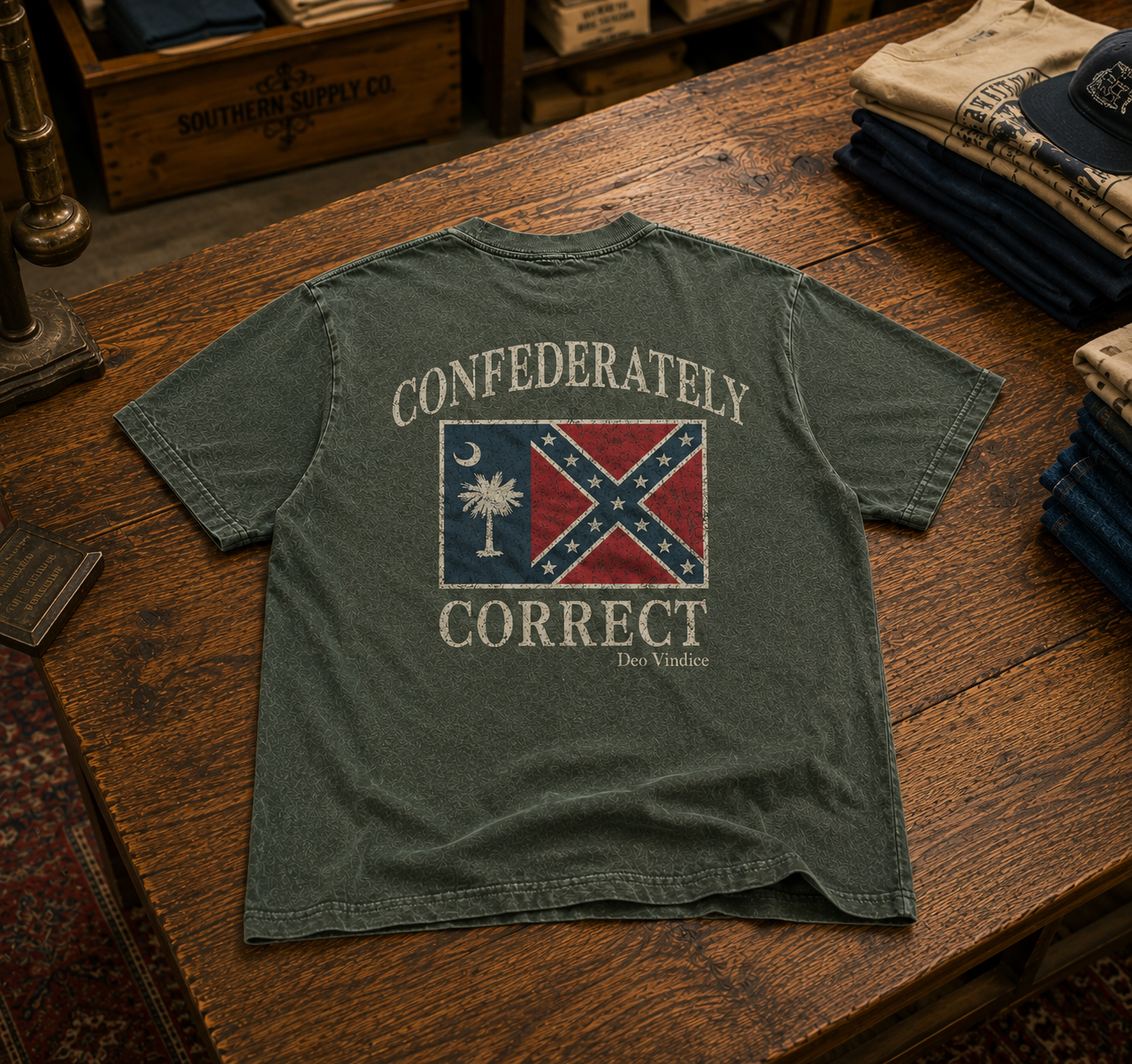 South Carolina Battle Flag Confederately Correct Short Sleeve T-Shirt Faded Hunter Green