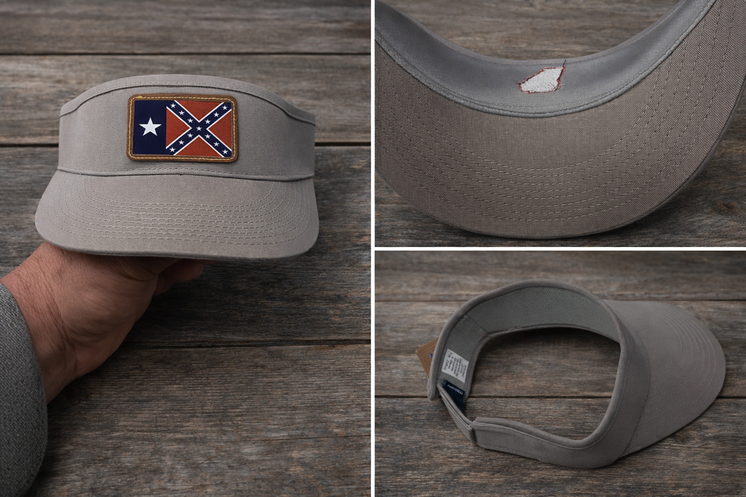 Gray Golf Visor with Texas Rebel Battle Flag Leather Patch 3 Views