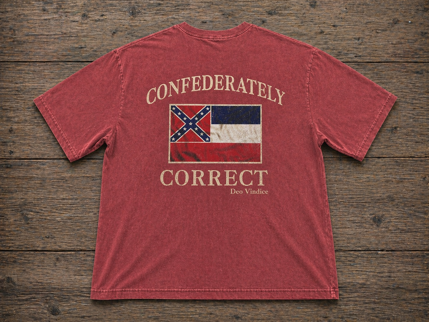 Old Mississippi State Flag Confederately Correct Short Sleeve T-Shirt Faded Washed Red