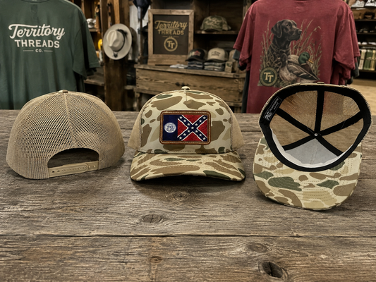 Light Brown Khaki Green Camo Hat Cap with 1956 Old Georgia Flag Leather Patch 3 Views
