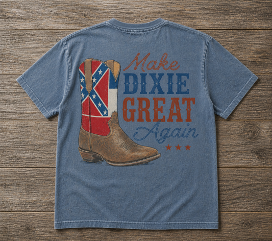 Make Dixie Great Again T-Shirt with Old Mississippi Flag on Boot Faded Denim Blu