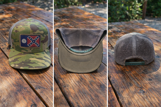 Camo with Grey Mesh Back Hat Cap with 1956 Old Georgia Flag Leather Patch
