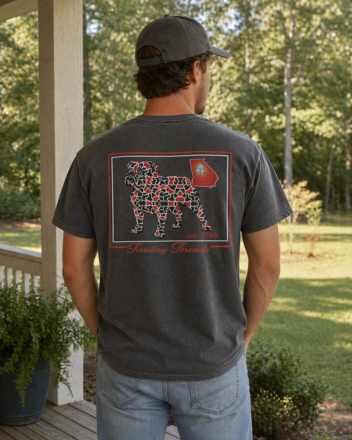 Camouflage Bulldog Georgia Design Premium T-Shirt in Charcoal Gray on Model