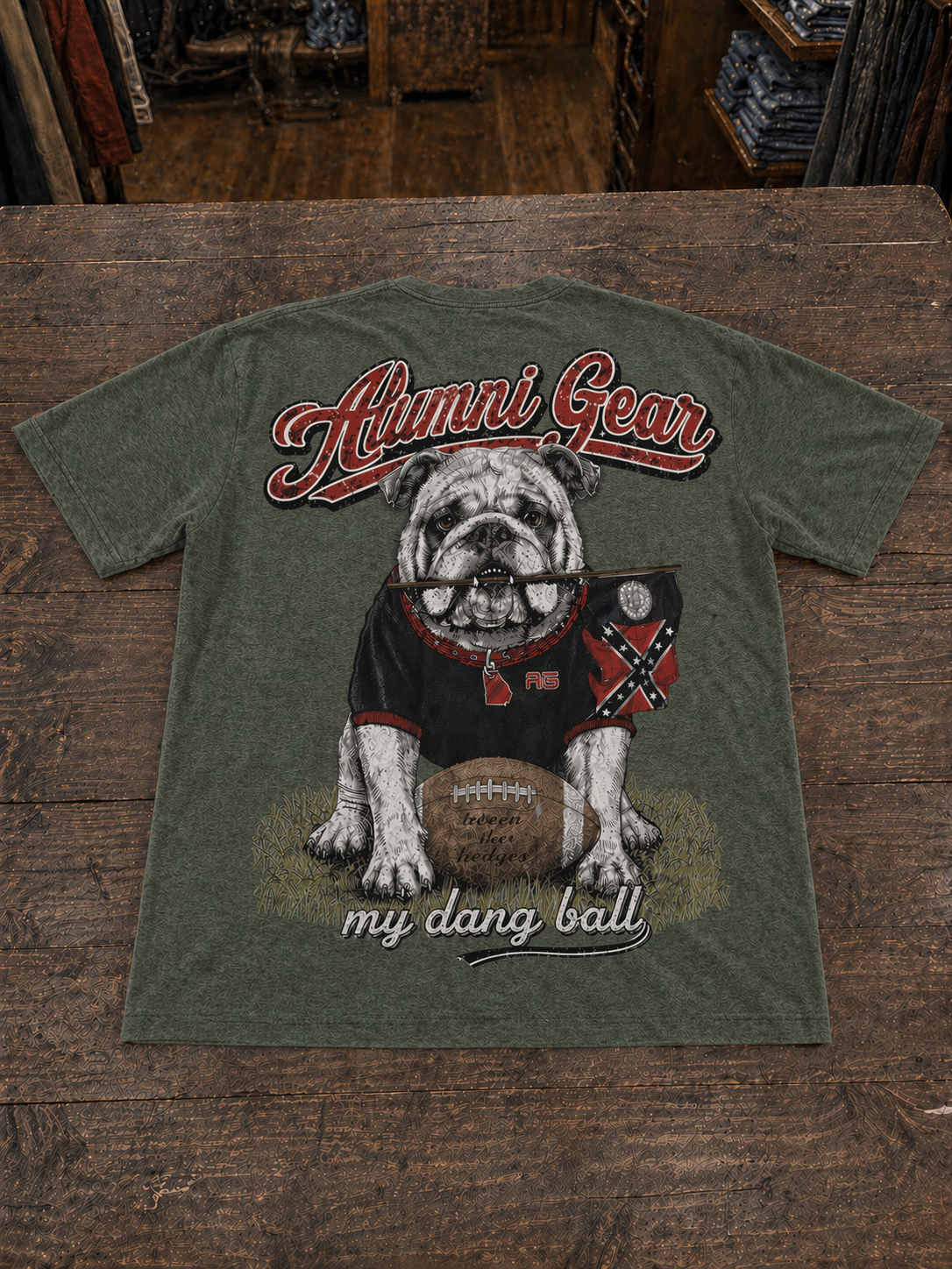Alumni Gear My Dang Ball Design with 1956 Old Georgia Stick Flag in Bulldog's Mouth Premium T-Shirt
