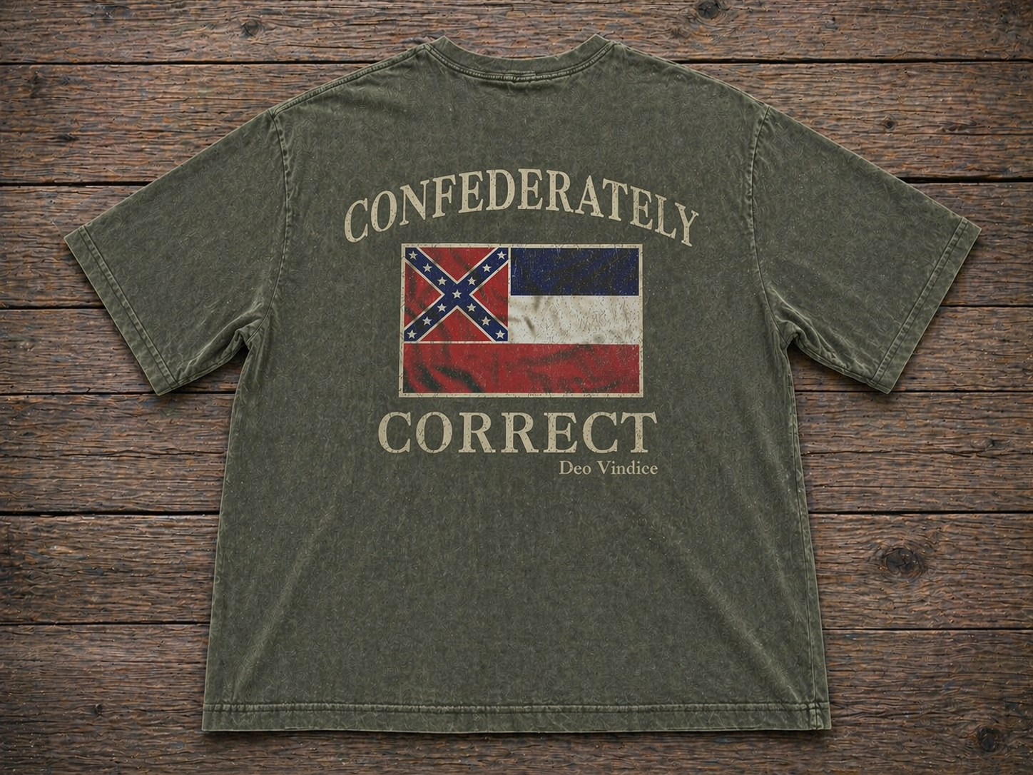 Old Mississippi State Flag Confederately Correct Short Sleeve T-Shirt Faded Hunter Green
