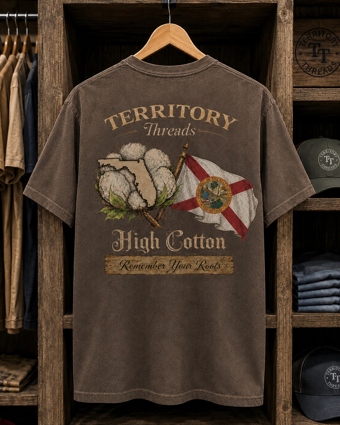 Florida Battle Flag High Cotton Short Sleeve Premium T-Shirt in Faded Mocha Brown