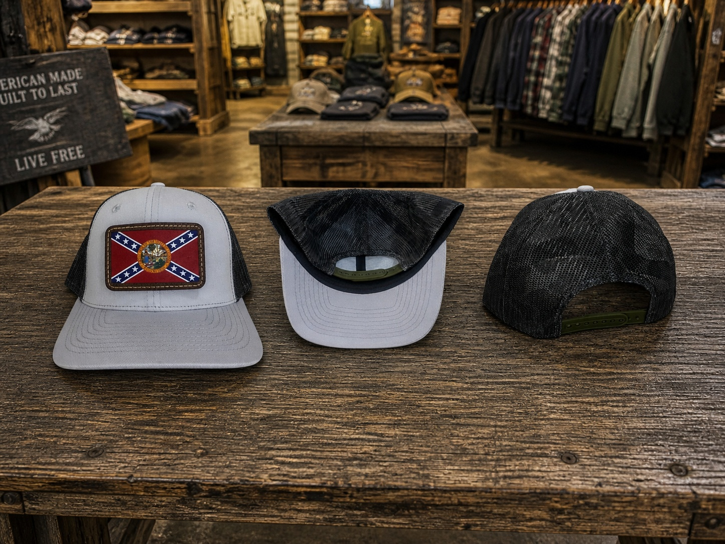 Gray Front Camo Mesh Back Hat Cap with Florida Battle Flag Leather Patch 3 Views