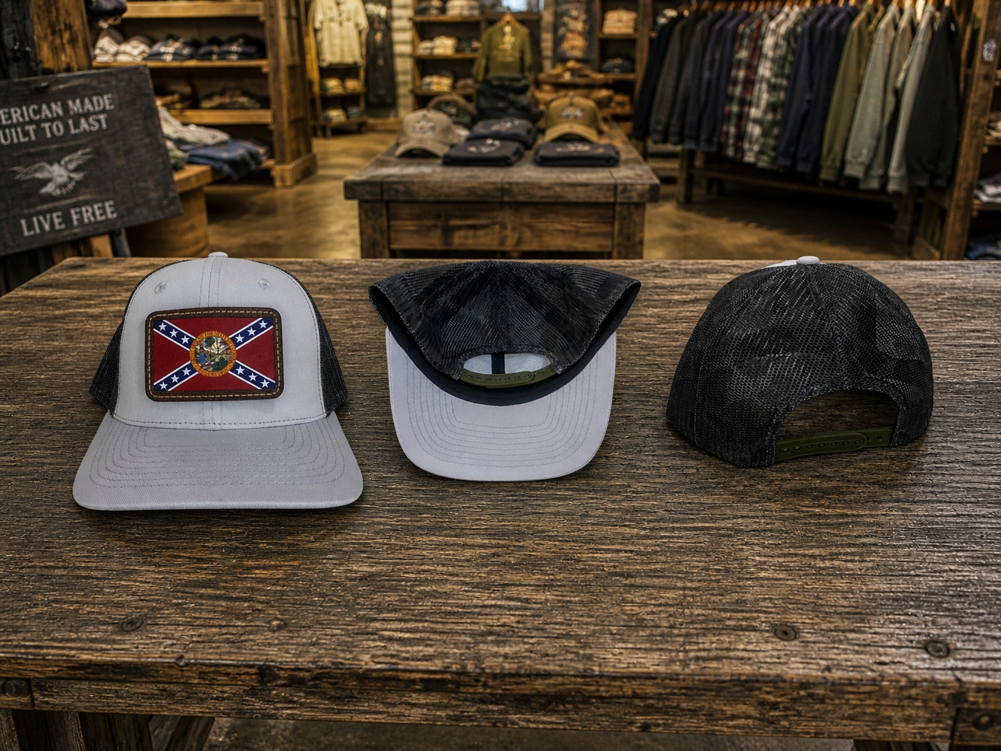 Gray Front Camo Mesh Back Hat Cap with Florida Battle Flag Leather Patch 3 Views