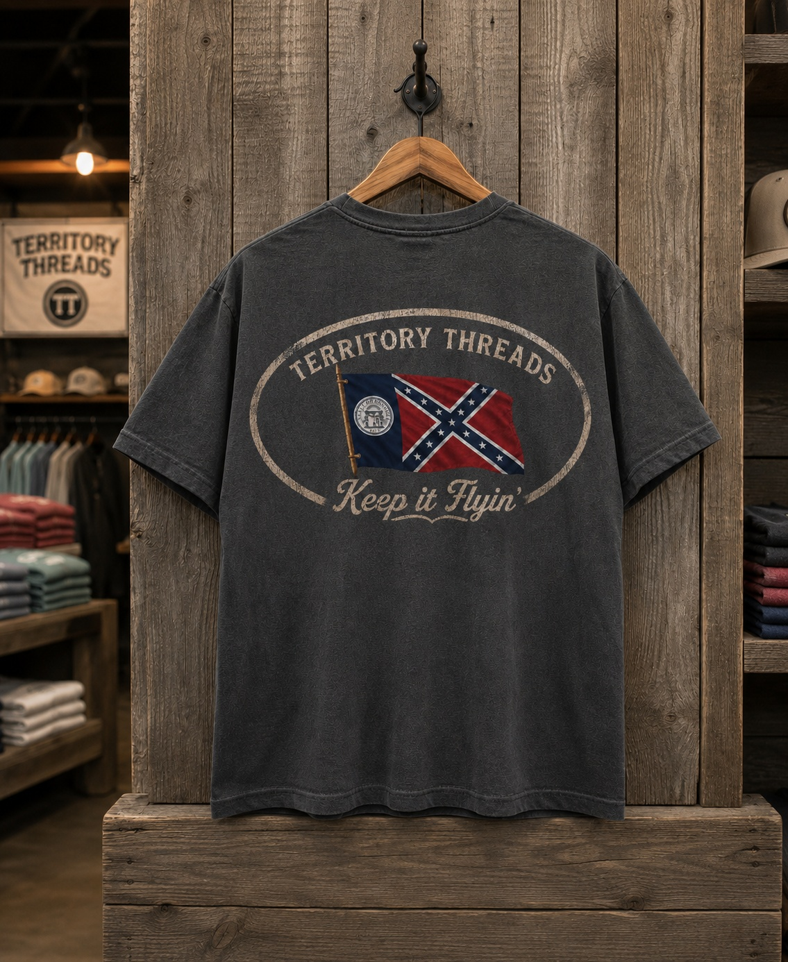 Territory Threads 1956 Old Georgia State Flag Keep It Flyin T-Shirt 100% Cotton in Charcoal Gray