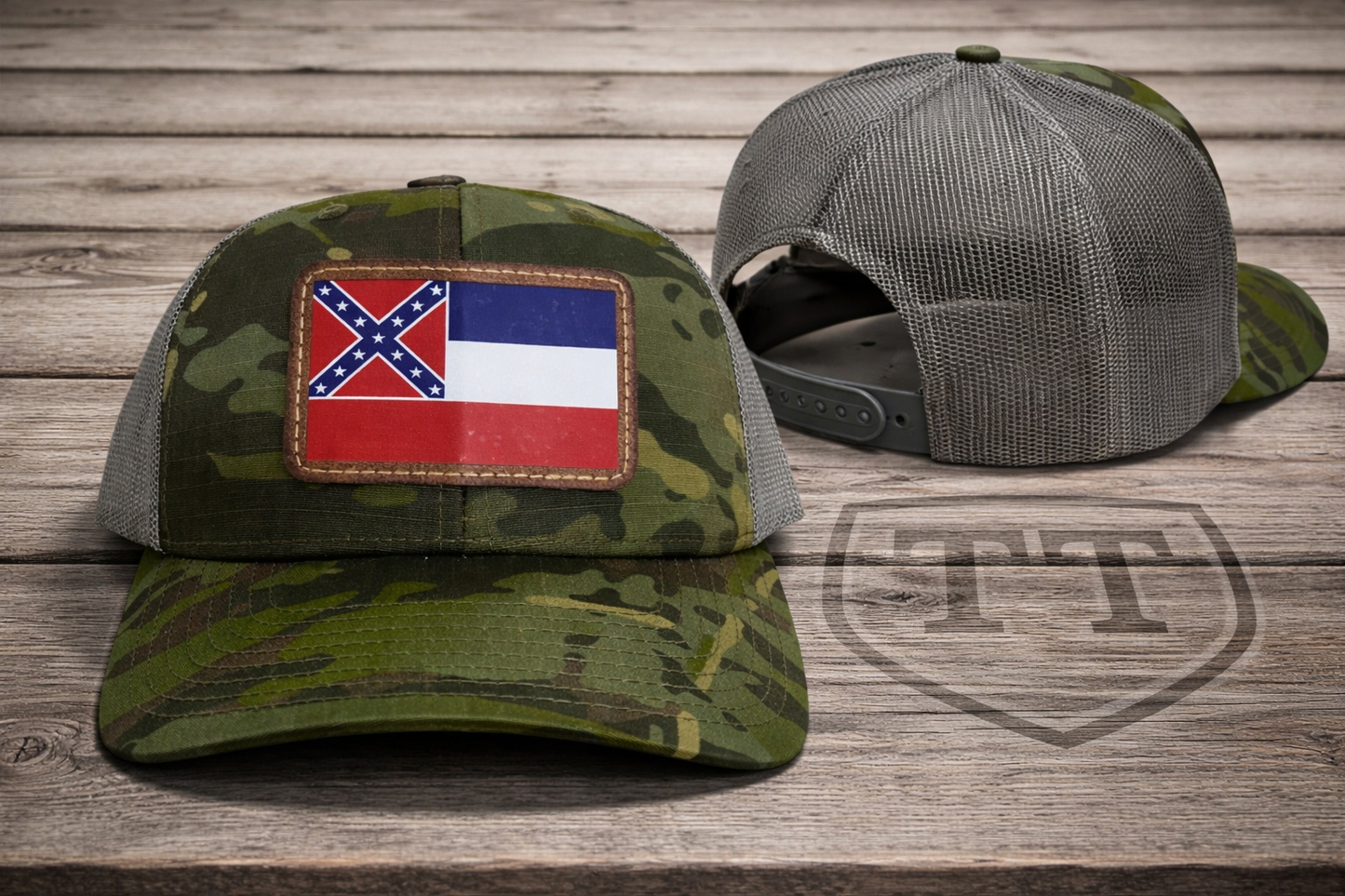 Old Mississippi Flag Leather Patch Camo Green Hat