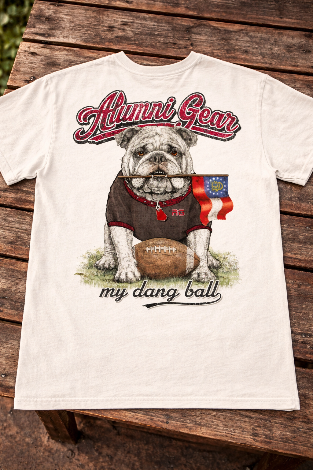 Alumni Gear My Dang Ball Design with Georgia Stick Flag in Bulldog's Mouth Short Sleeve Premium T-Shirt 